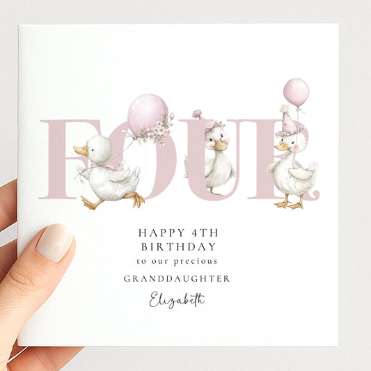 4th Birthday Card for Granddaughter, Happy 4th Birthday Granddaughter Card with Ducks, Personalised Birthday Card