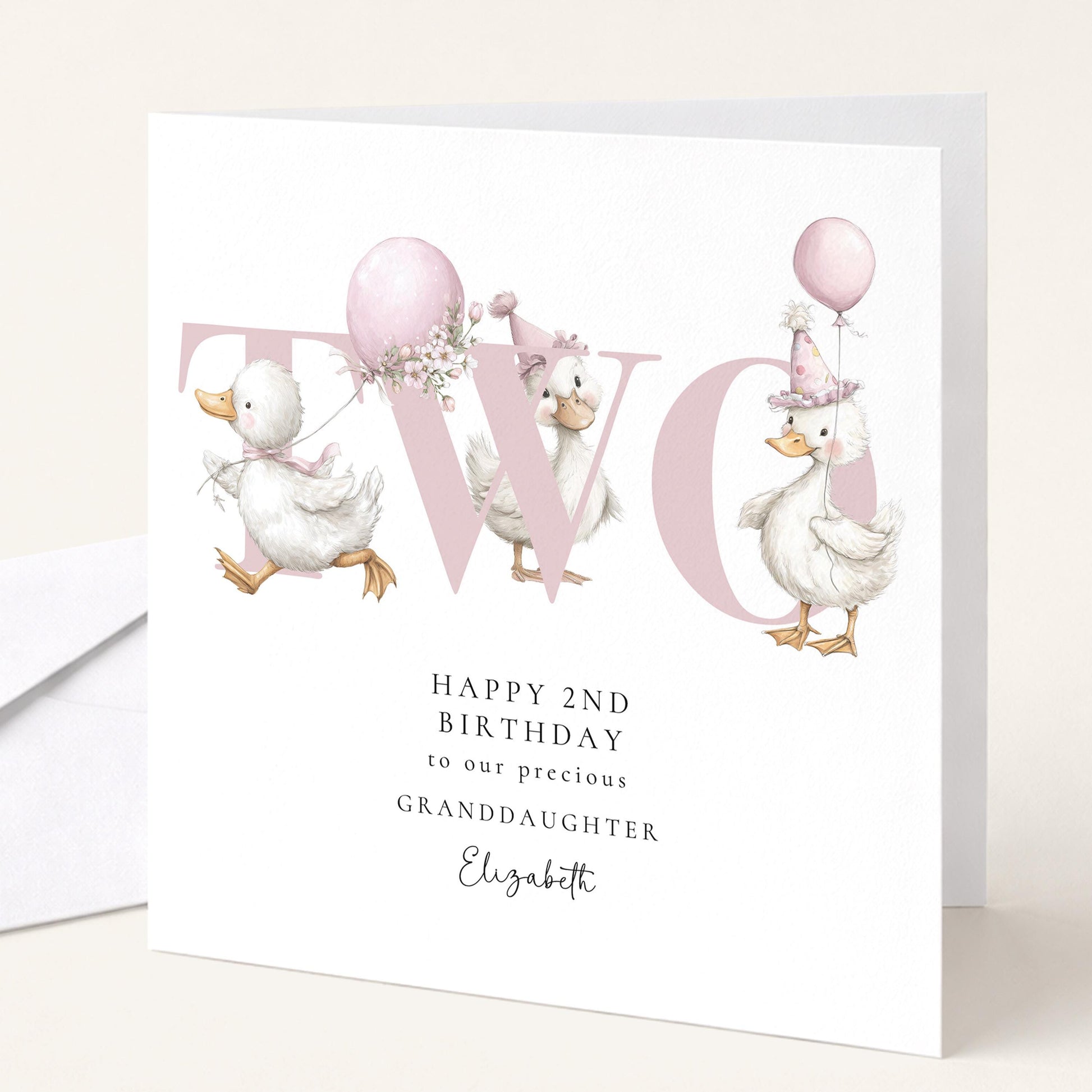 2nd Birthday Card for Granddaughter, Happy Second Birthday Granddaughter Card with Ducks, Personalised Birthday Card