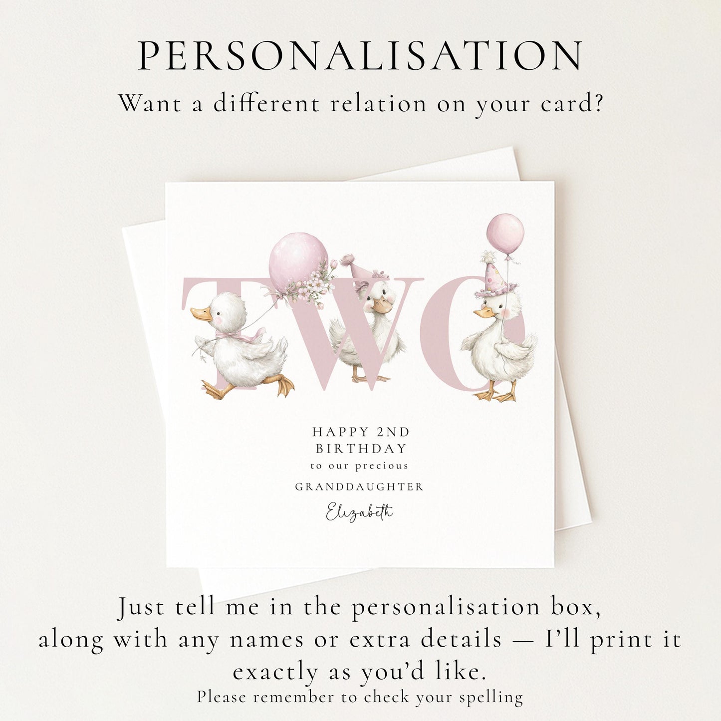 2nd Birthday Card for Granddaughter, Happy Second Birthday Granddaughter Card with Ducks, Personalised Birthday Card