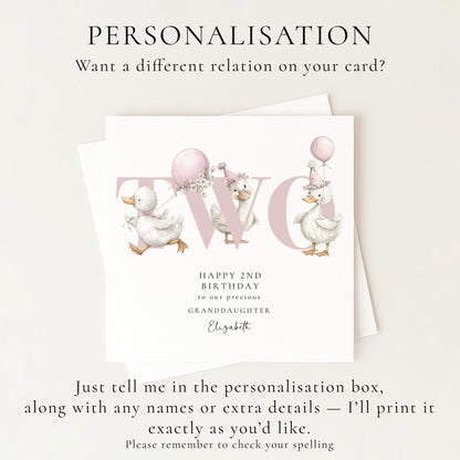 2nd Birthday Card for Granddaughter, Happy Second Birthday Granddaughter Card with Ducks, Personalised Birthday Card