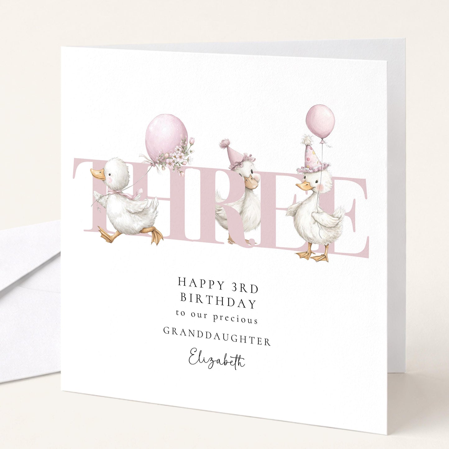 3rd Birthday Card for Granddaughter, Happy Third Birthday Granddaughter Card with Ducks, Personalised Birthday Card