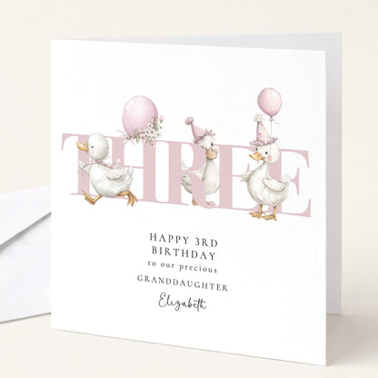3rd Birthday Card for Granddaughter, Happy Third Birthday Granddaughter Card with Ducks, Personalised Birthday Card