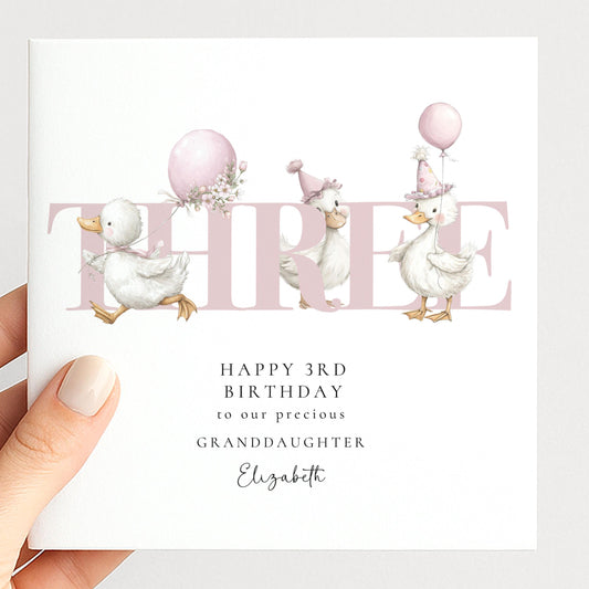 3rd Birthday Card for Granddaughter, Happy Third Birthday Granddaughter Card with Ducks, Personalised Birthday Card