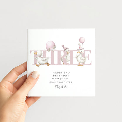 3rd Birthday Card for Granddaughter, Happy Third Birthday Granddaughter Card with Ducks, Personalised Birthday Card