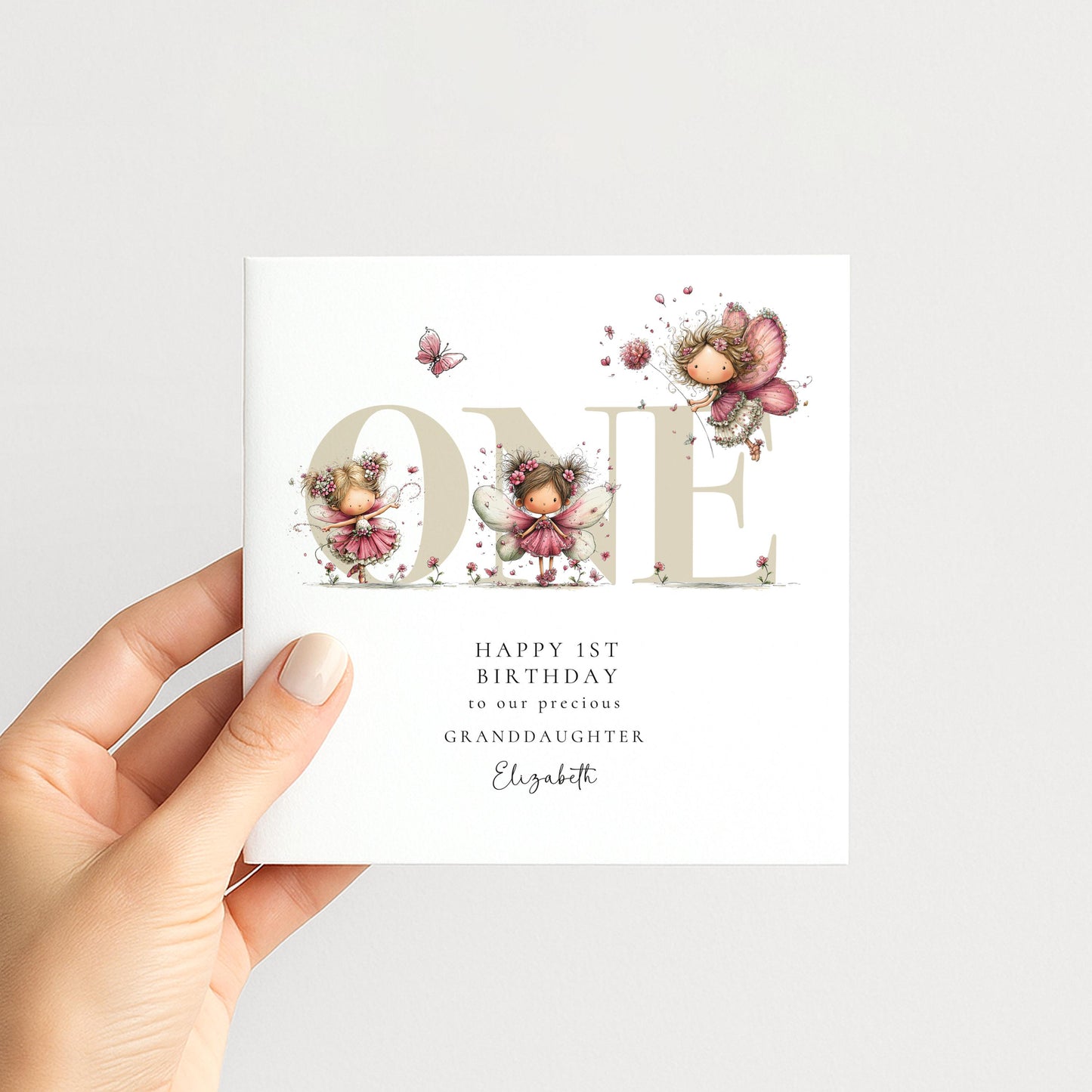 1st Birthday Card for Granddaughter, Happy 1st Birthday Granddaughter Card with Fairies, Personalised Fairy Birthday Card