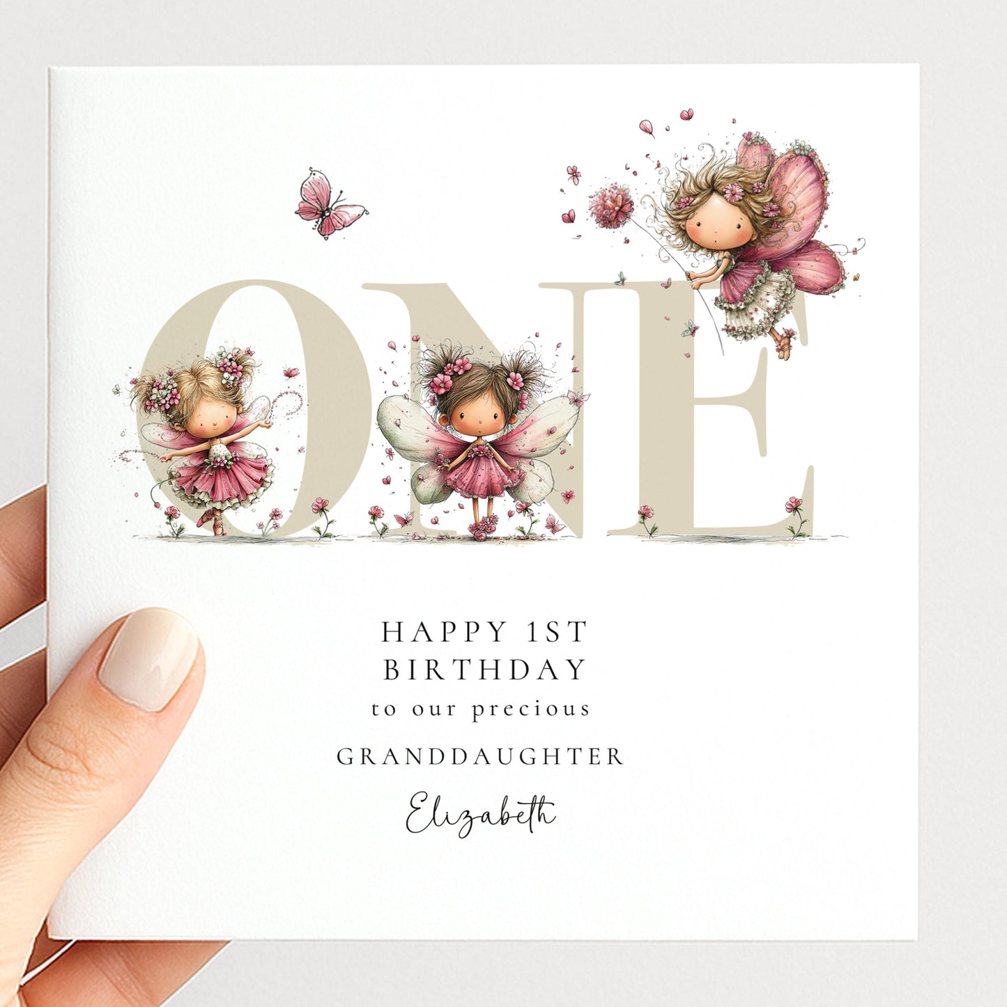 1st Birthday Card for Granddaughter, Happy 1st Birthday Granddaughter Card with Fairies, Personalised Fairy Birthday Card