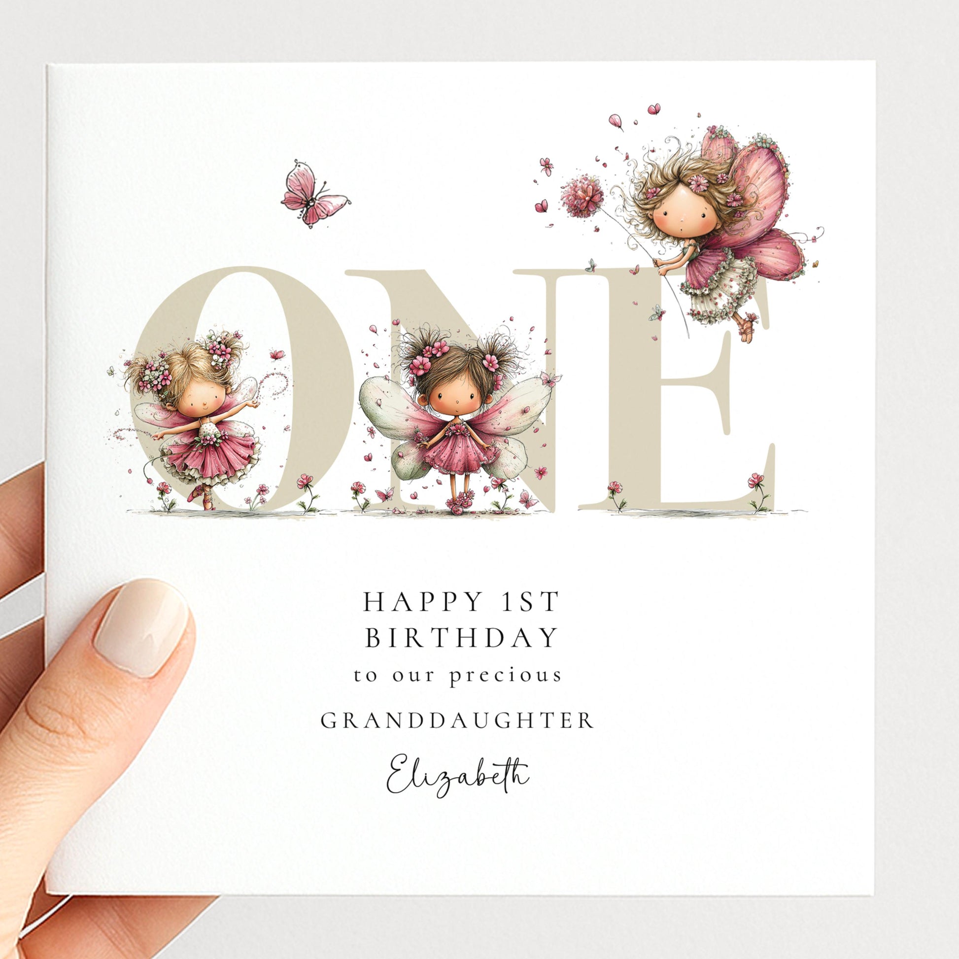 1st Birthday Card for Granddaughter, Happy 1st Birthday Granddaughter Card with Fairies, Personalised Fairy Birthday Card
