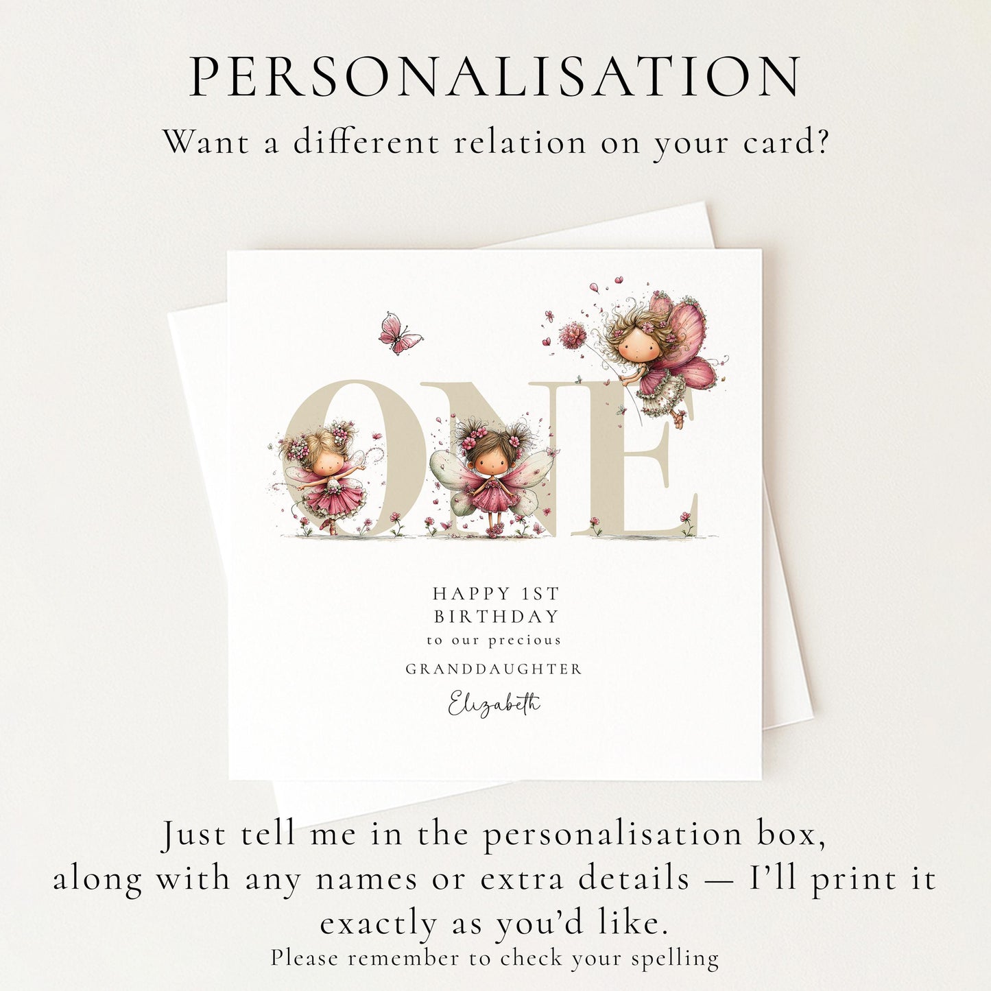 1st Birthday Card for Granddaughter, Happy 1st Birthday Granddaughter Card with Fairies, Personalised Fairy Birthday Card