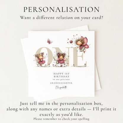 1st Birthday Card for Granddaughter, Happy 1st Birthday Granddaughter Card with Fairies, Personalised Fairy Birthday Card