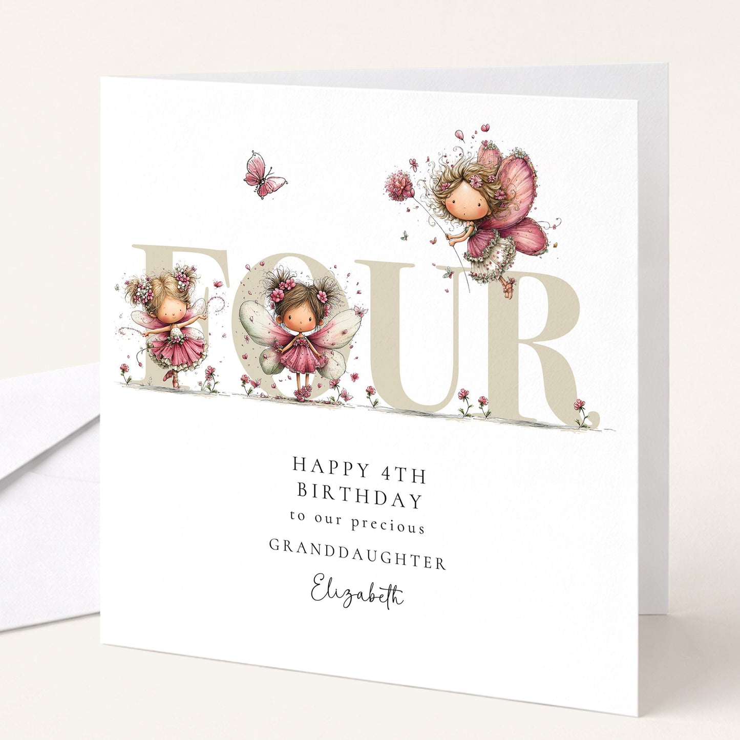 4th Birthday Card for Granddaughter, Happy 4th Birthday Granddaughter Card with Fairies, Personalised Birthday Card