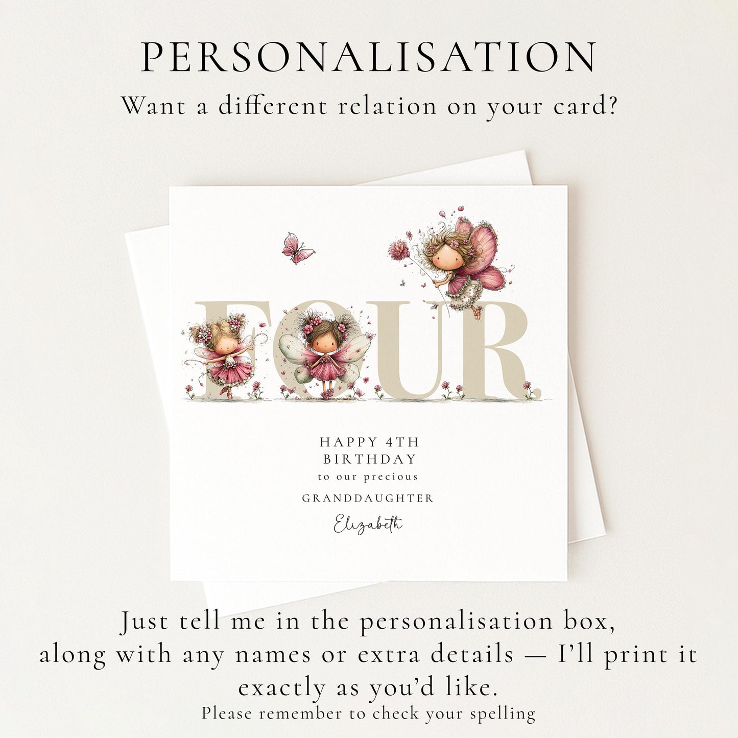 4th Birthday Card for Granddaughter, Happy 4th Birthday Granddaughter Card with Fairies, Personalised Birthday Card