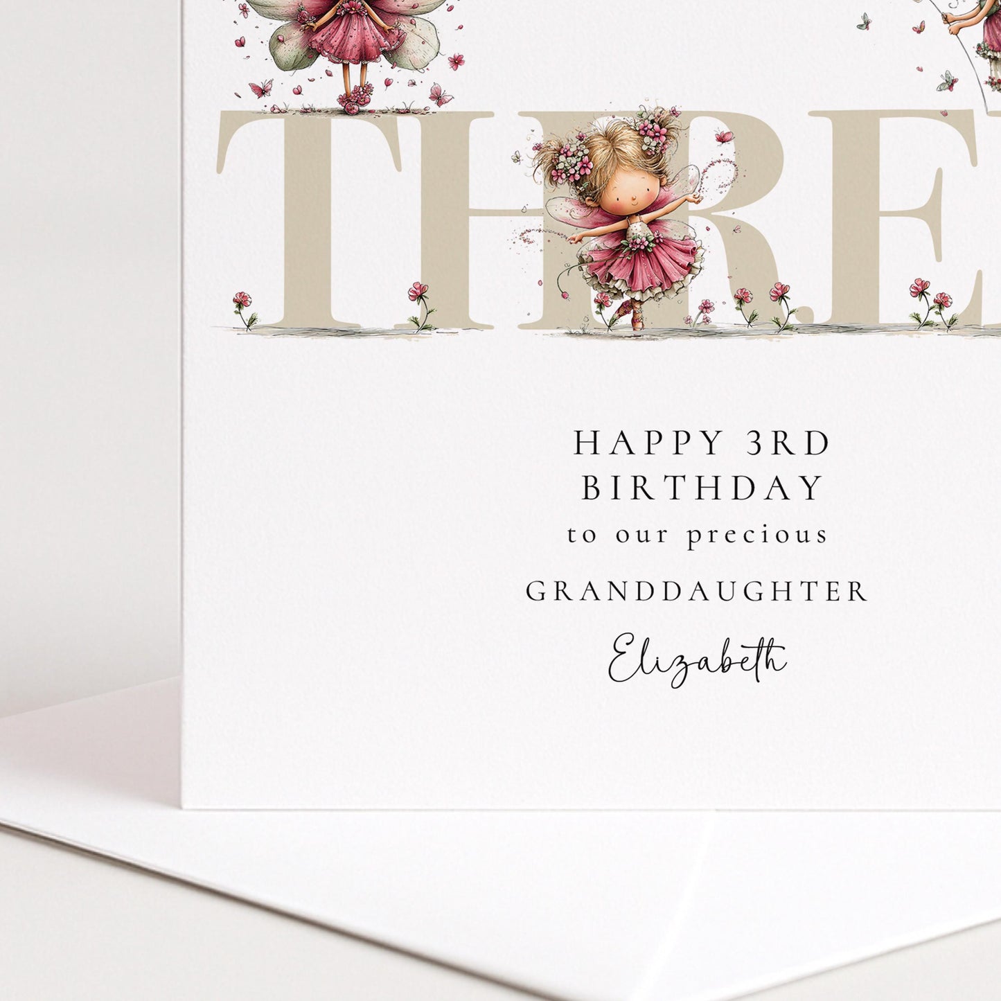 3rd Birthday Granddaughter Card, Fairy Third Birthday Card, Age Three Birthday Card, Personalised Name Card