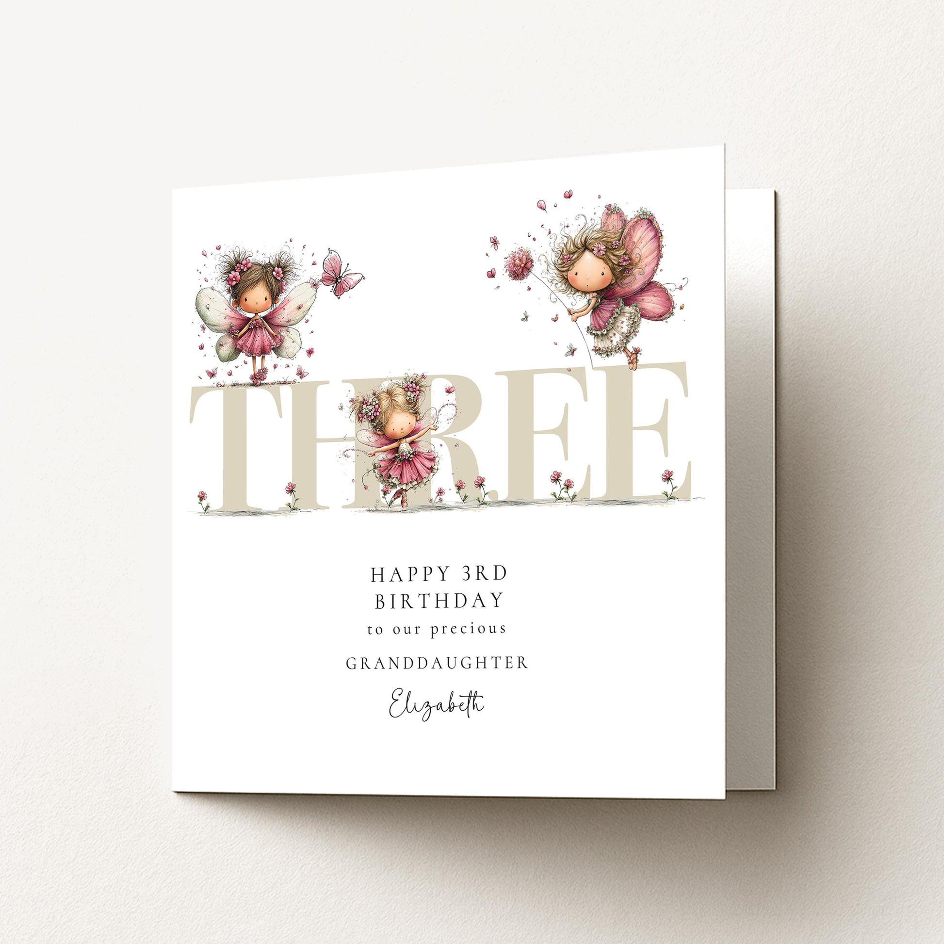 3rd Birthday Granddaughter Card, Fairy Third Birthday Card, Age Three Birthday Card, Personalised Name Card