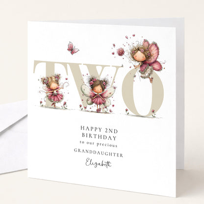 2nd Birthday Granddaughter Card, Fairy Second Birthday Card, Age Two Birthday Card, Personalised Name Card
