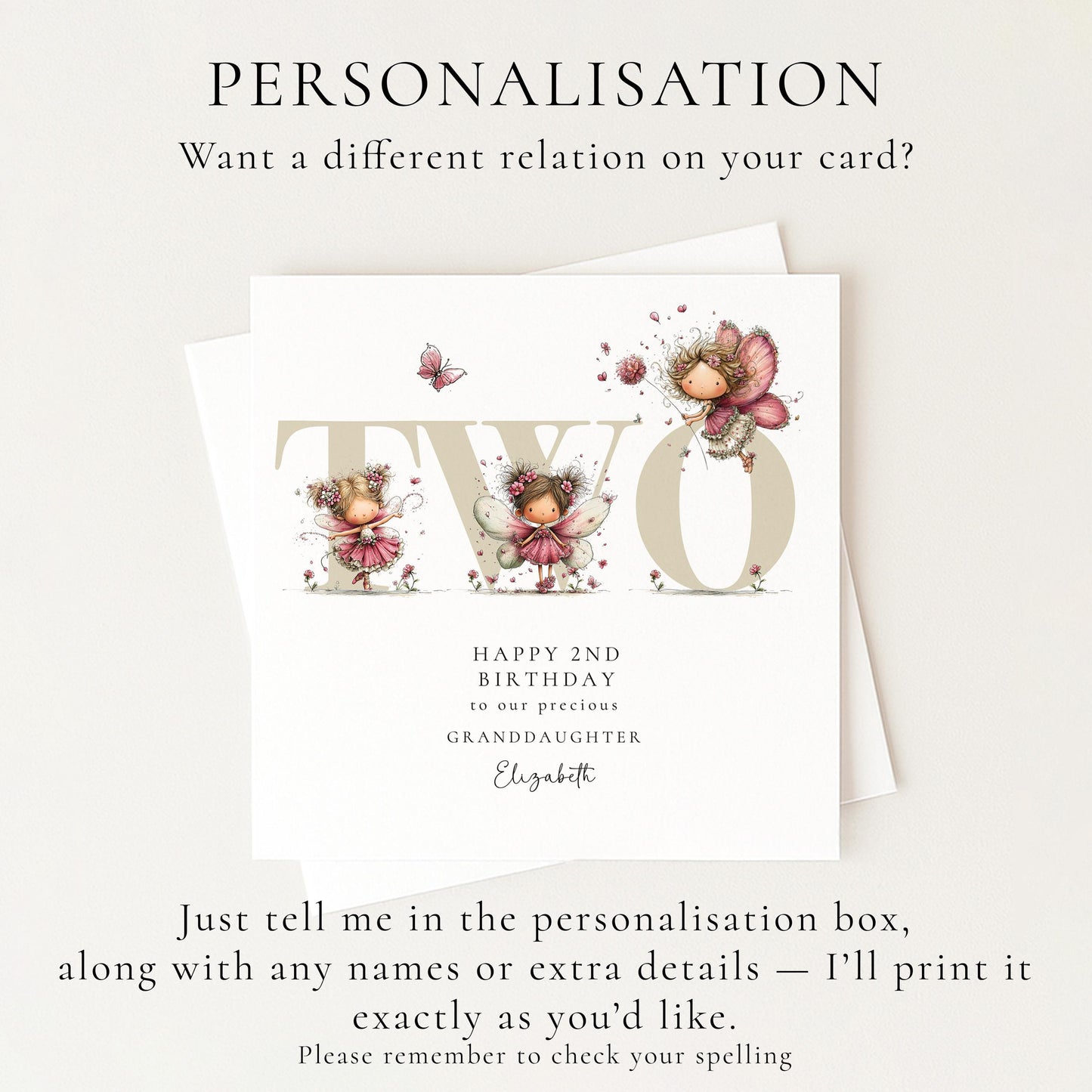 2nd Birthday Granddaughter Card, Fairy Second Birthday Card, Age Two Birthday Card, Personalised Name Card