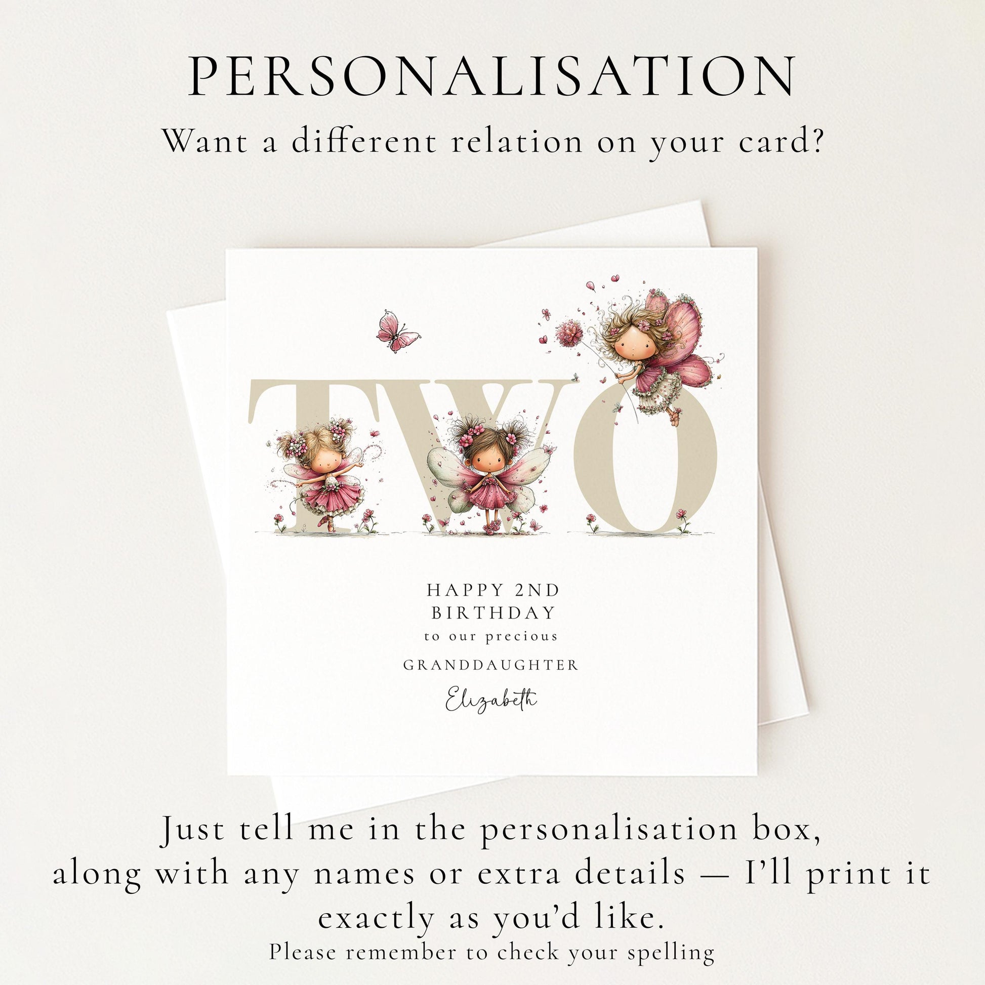 2nd Birthday Granddaughter Card, Fairy Second Birthday Card, Age Two Birthday Card, Personalised Name Card