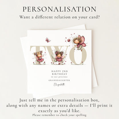 2nd Birthday Granddaughter Card, Fairy Second Birthday Card, Age Two Birthday Card, Personalised Name Card