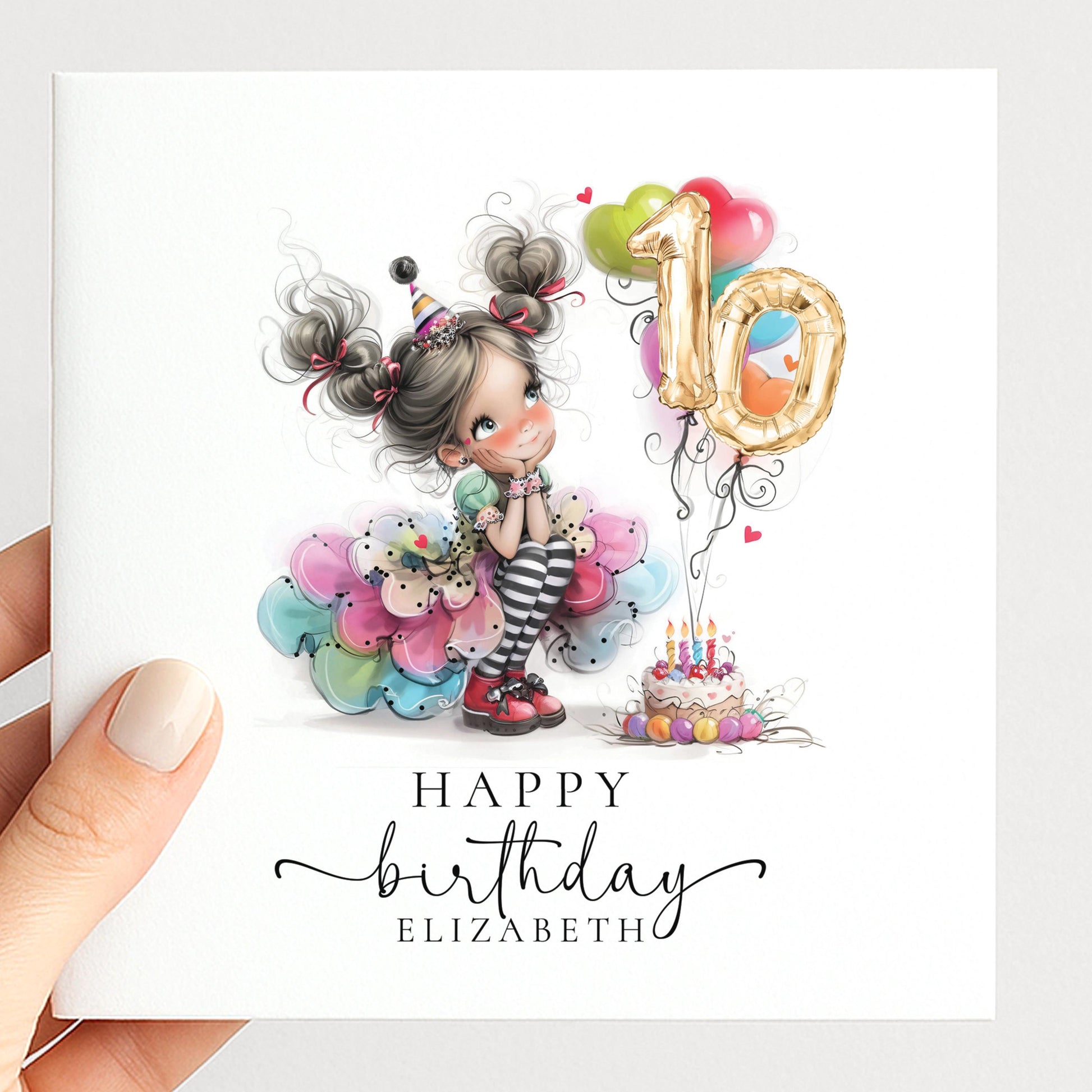 10th Birthday Card for Girls, Age 10 Birthday Card, Personalised Birthday Card, Cute Illustration Birthday Card