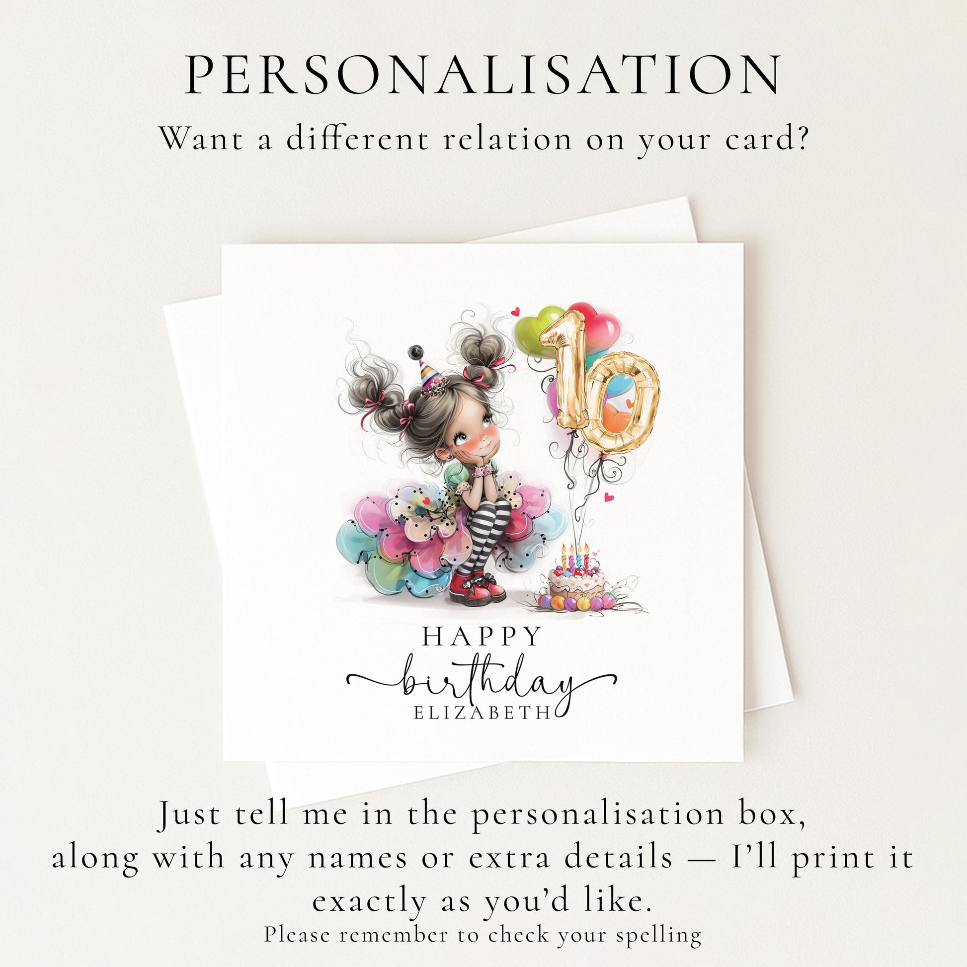 10th Birthday Card for Girls, Age 10 Birthday Card, Personalised Birthday Card, Cute Illustration Birthday Card