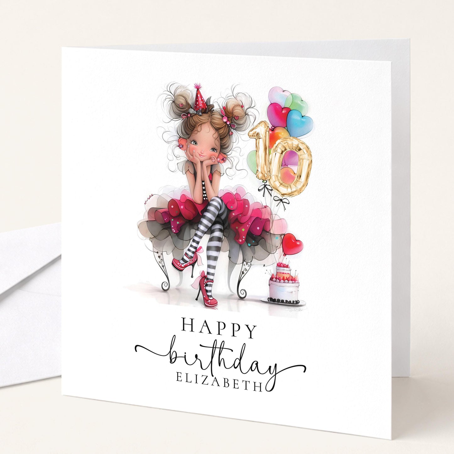 10th Birthday Card for Girl, Age 10 Birthday Card, Personalised Girls Birthday Card, Cute Illustration Card