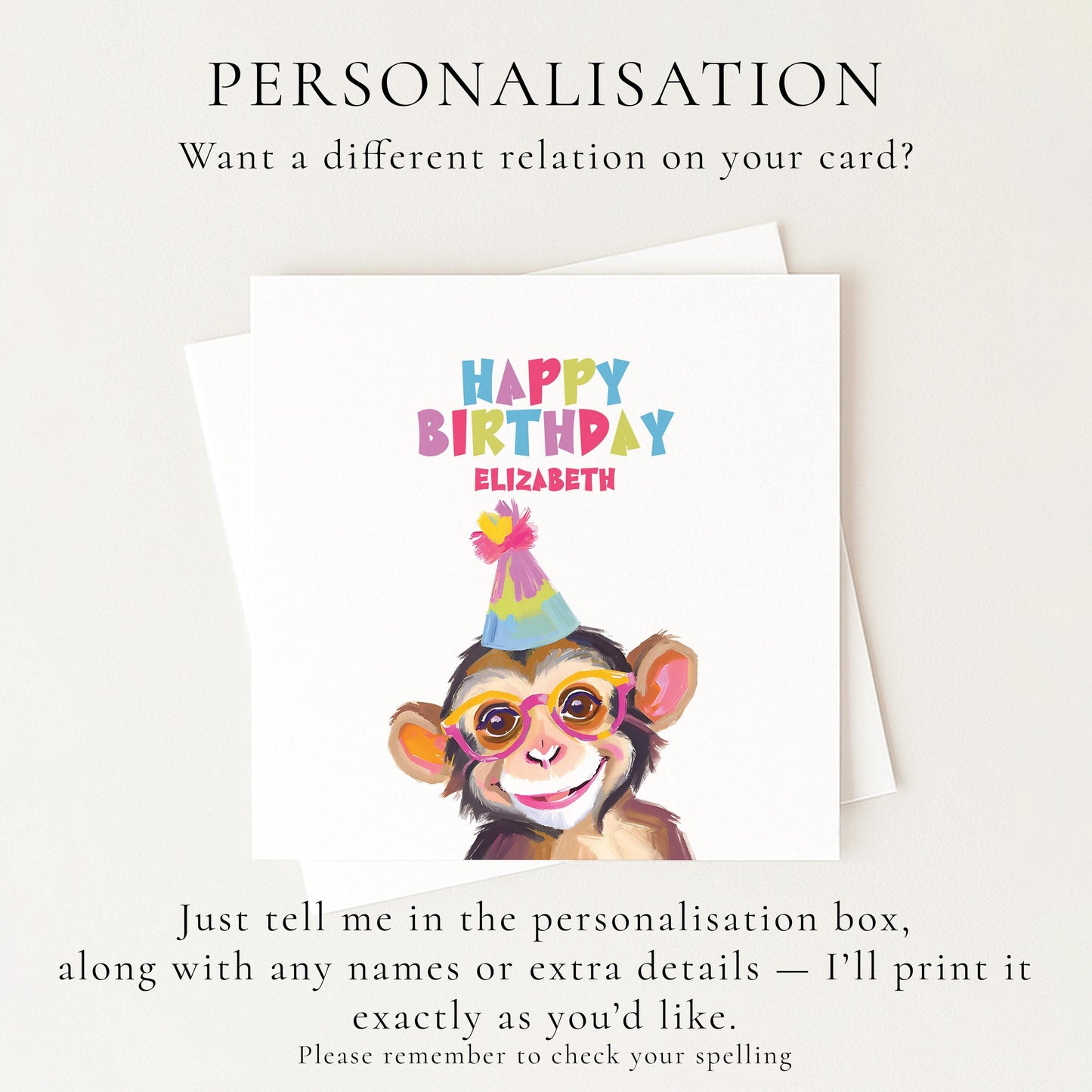 Birthday Card for Child, Cute Monkey Birthday Card, Personalised Kids Birthday Card, Fun Colourful Birthday Card