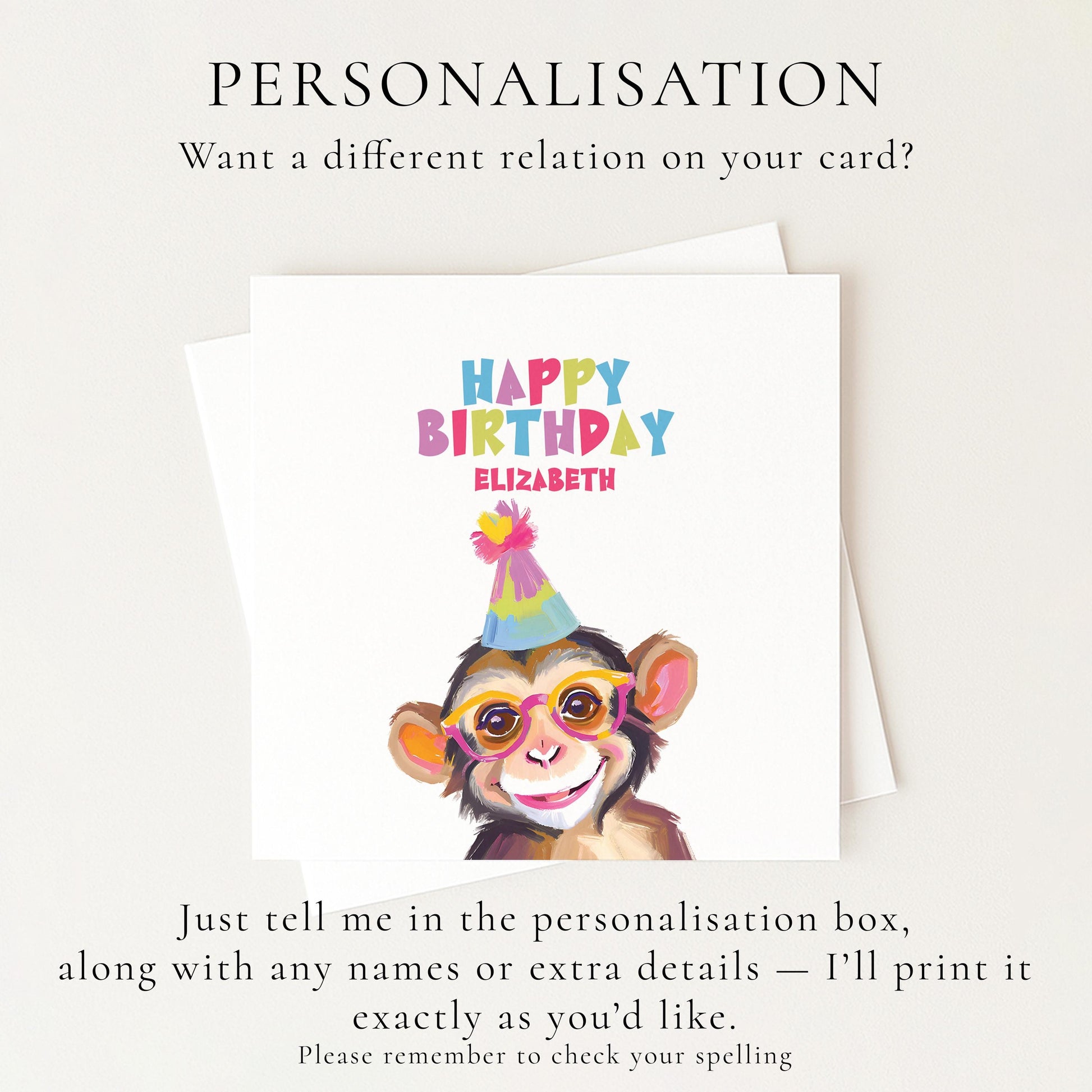 Birthday Card for Child, Cute Monkey Birthday Card, Personalised Kids Birthday Card, Fun Colourful Birthday Card