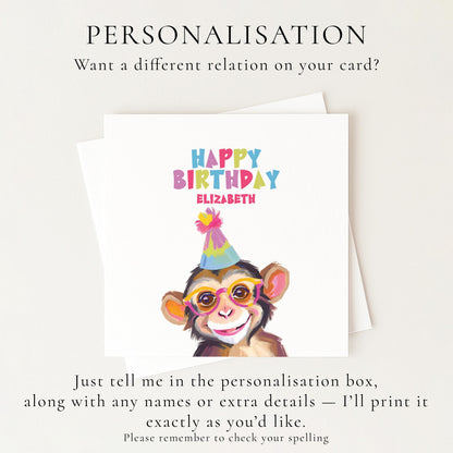 Birthday Card for Child, Cute Monkey Birthday Card, Personalised Kids Birthday Card, Fun Colourful Birthday Card