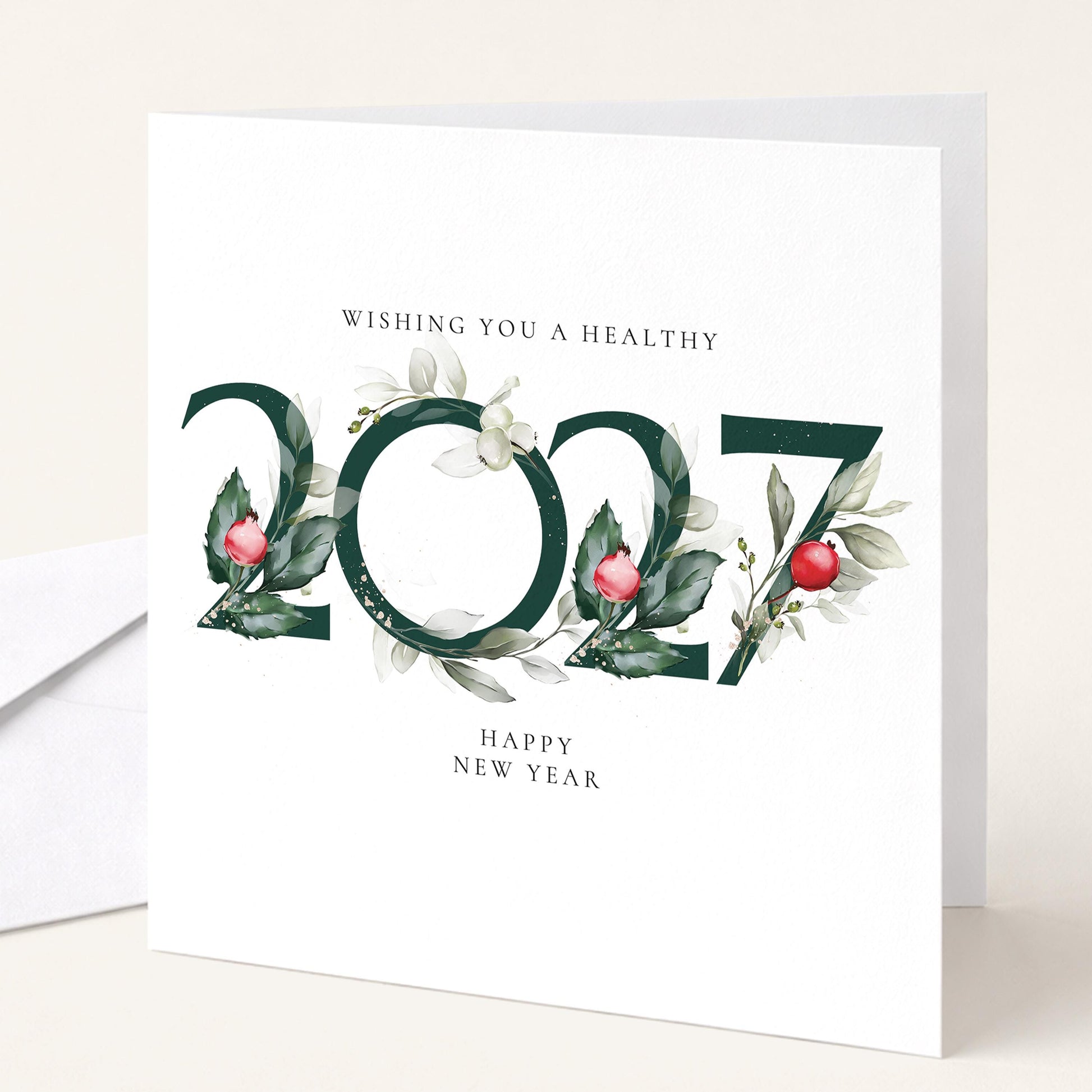 2027 New Year Card, Wishing You a Healthy New Year, Elegant Floral Happy New Year Card, New Year Greeting Card, Botanical Card