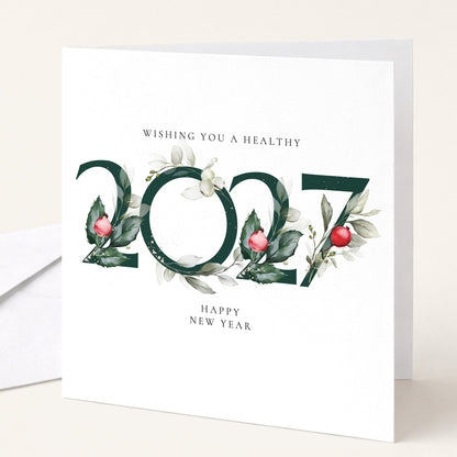 2027 New Year Card, Wishing You a Healthy New Year, Elegant Floral Happy New Year Card, New Year Greeting Card, Botanical Card