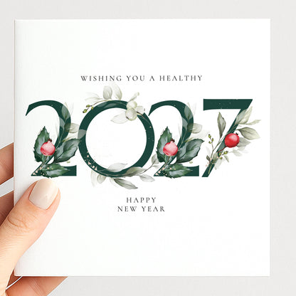 2027 New Year Card, Wishing You a Healthy New Year, Elegant Floral Happy New Year Card, New Year Greeting Card, Botanical Card