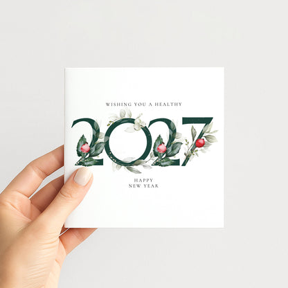 2027 New Year Card, Wishing You a Healthy New Year, Elegant Floral Happy New Year Card, New Year Greeting Card, Botanical Card