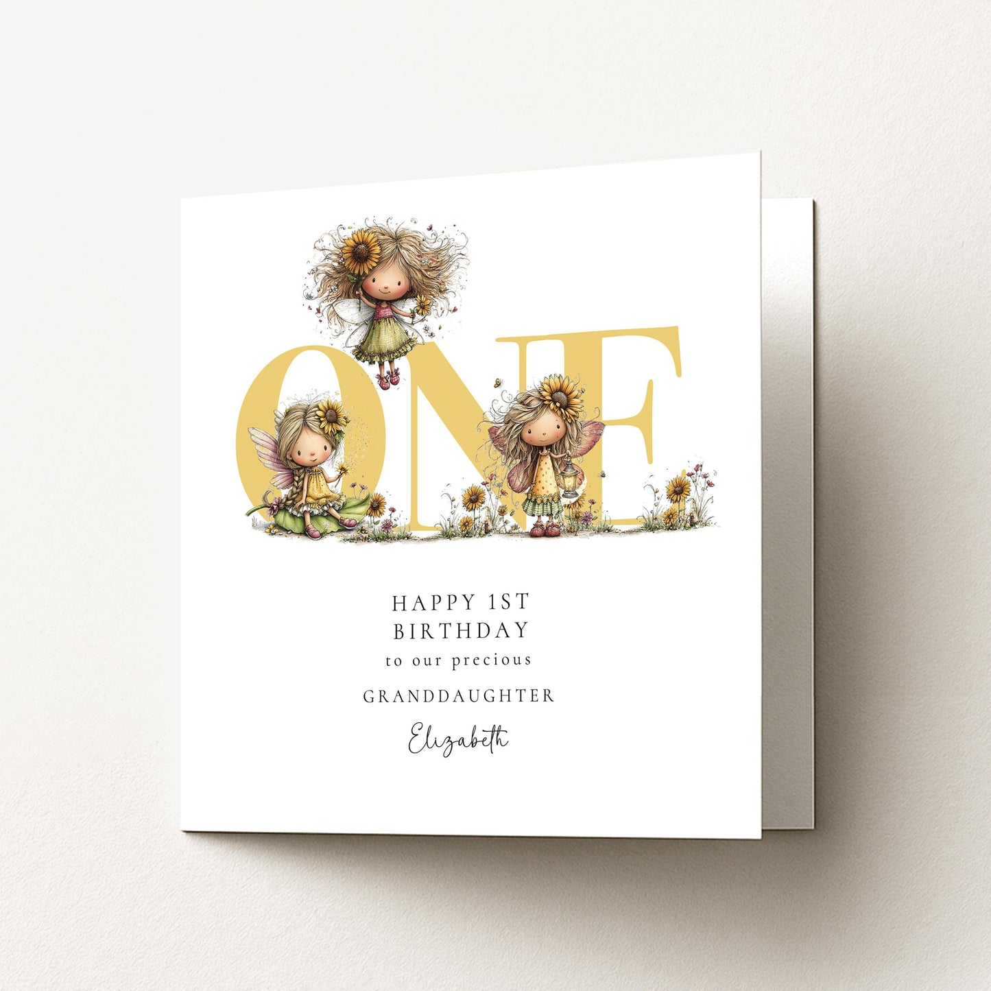 1st Birthday Card for Granddaughter, Sunflower Fairy Birthday Card, Personalised First Birthday Keepsake