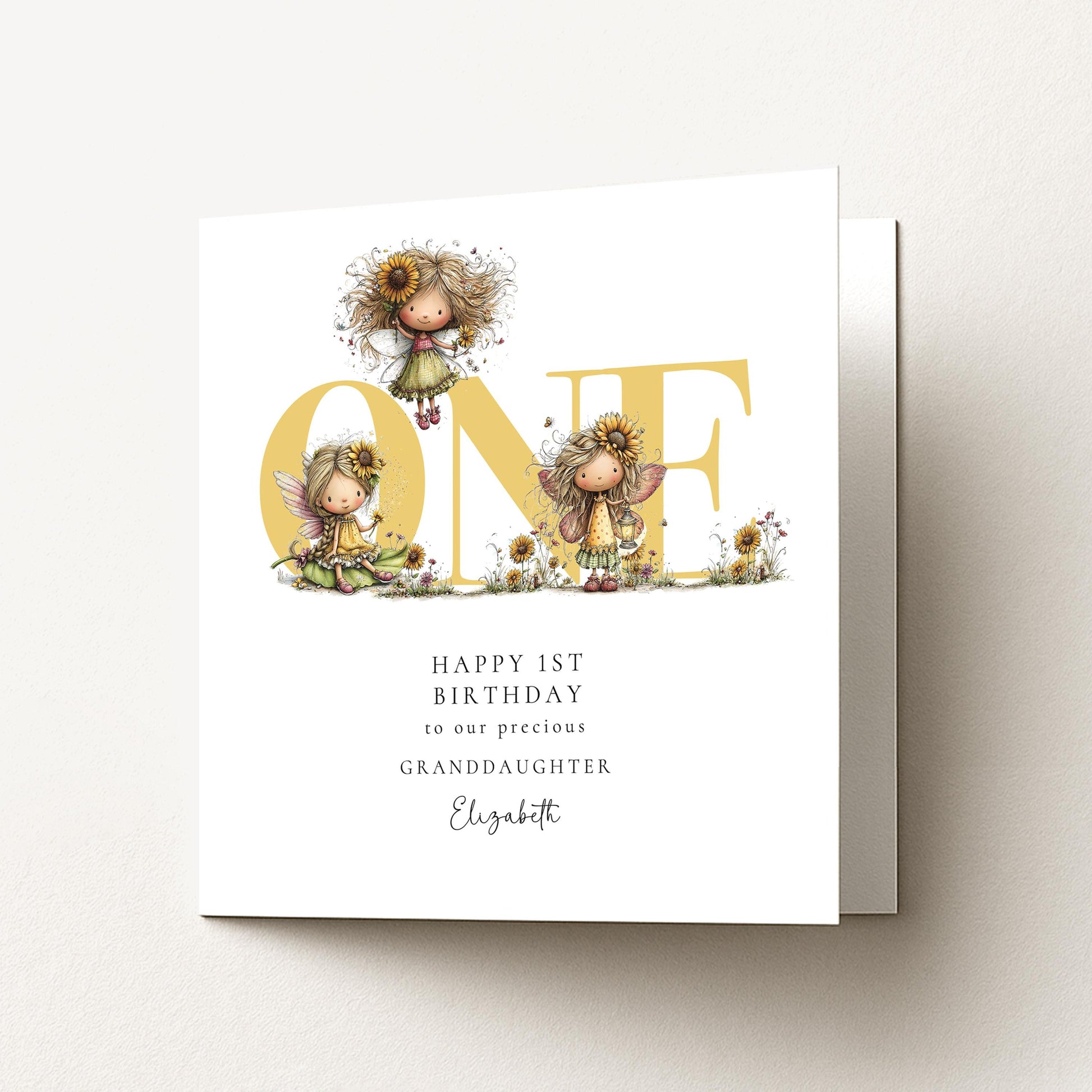 1st Birthday Card for Granddaughter, Sunflower Fairy Birthday Card, Personalised First Birthday Keepsake
