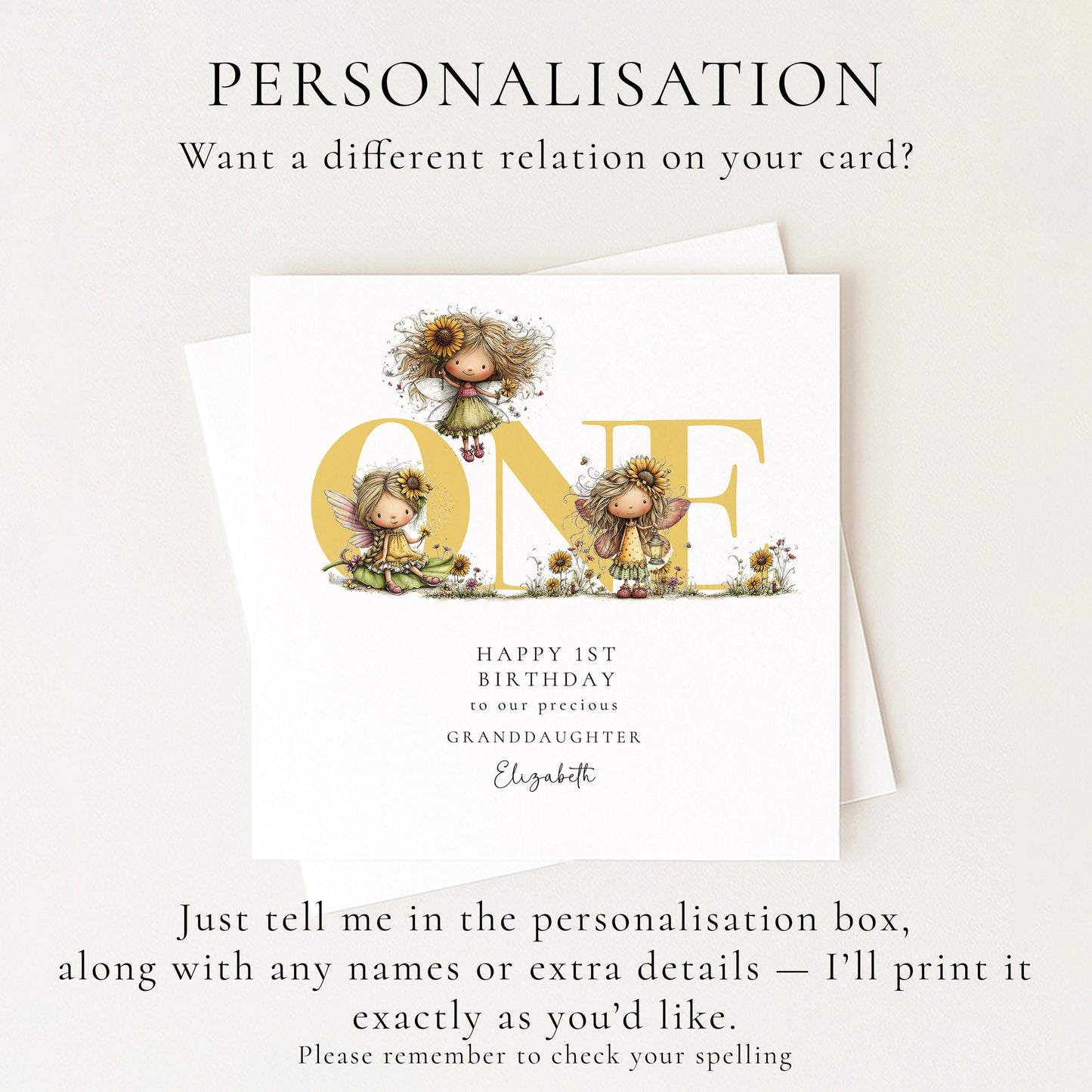 1st Birthday Card for Granddaughter, Sunflower Fairy Birthday Card, Personalised First Birthday Keepsake