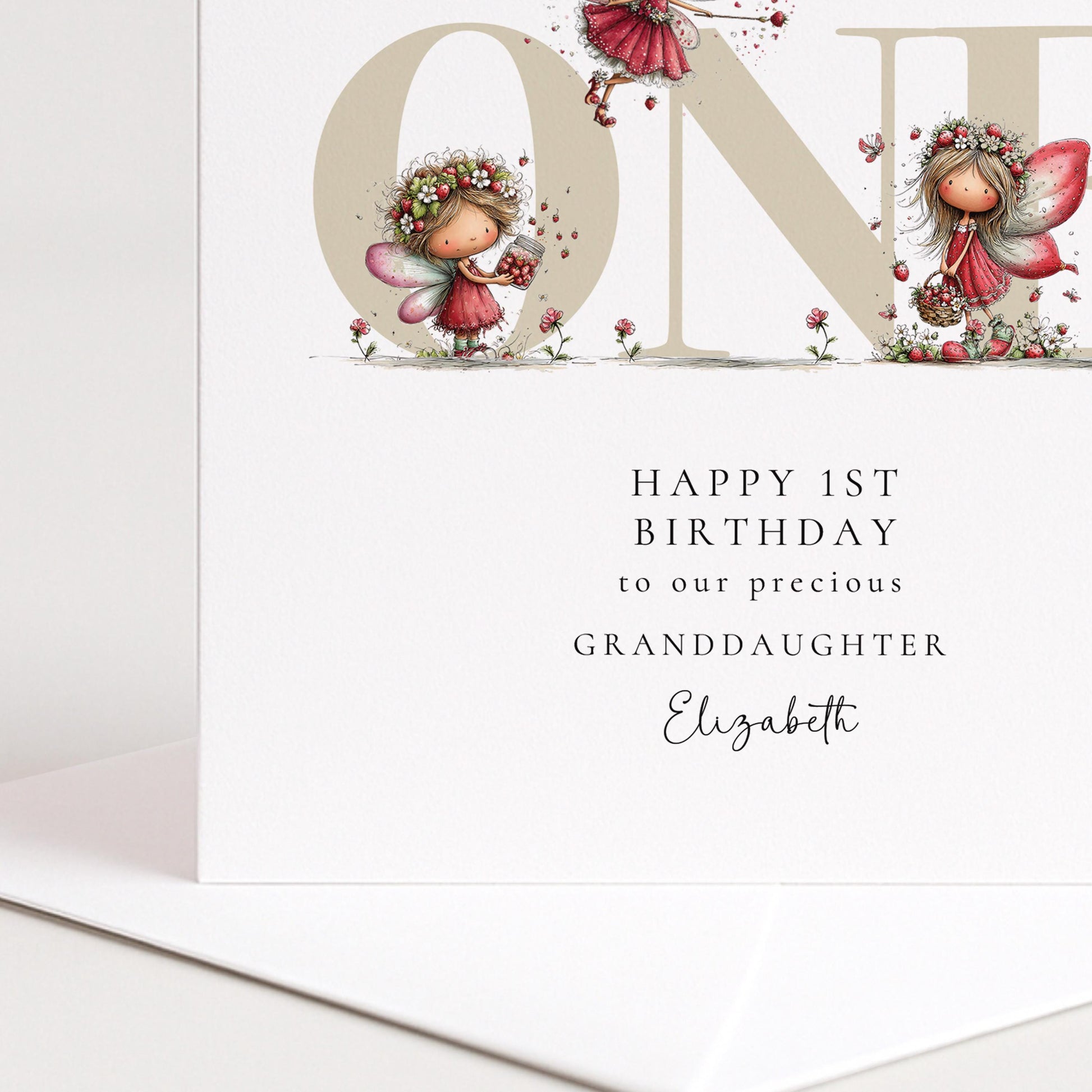 1st Birthday Card for Granddaughter, Strawberry Fairy Birthday Card, Personalised First Birthday Keepsake