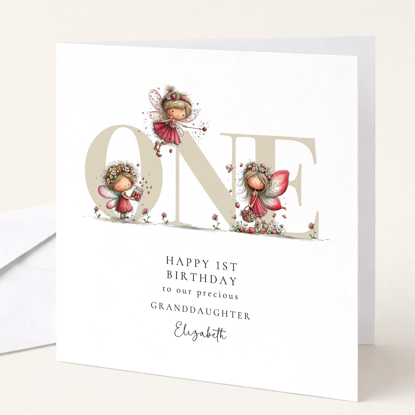 1st Birthday Card for Granddaughter, Strawberry Fairy Birthday Card, Personalised First Birthday Keepsake