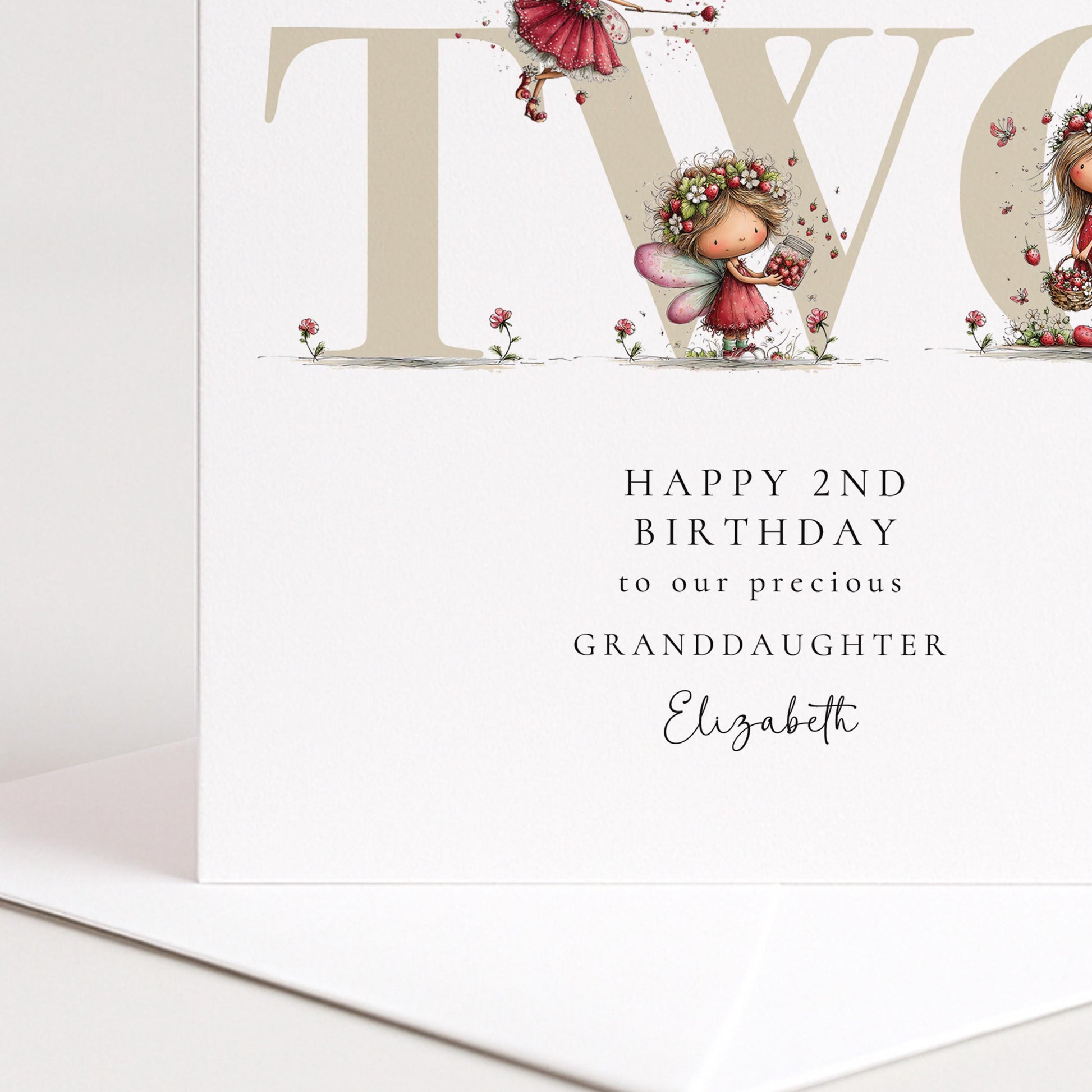 2nd Birthday Card for Granddaughter, Strawberry Fairy Birthday Card, Personalised Second Birthday Keepsake