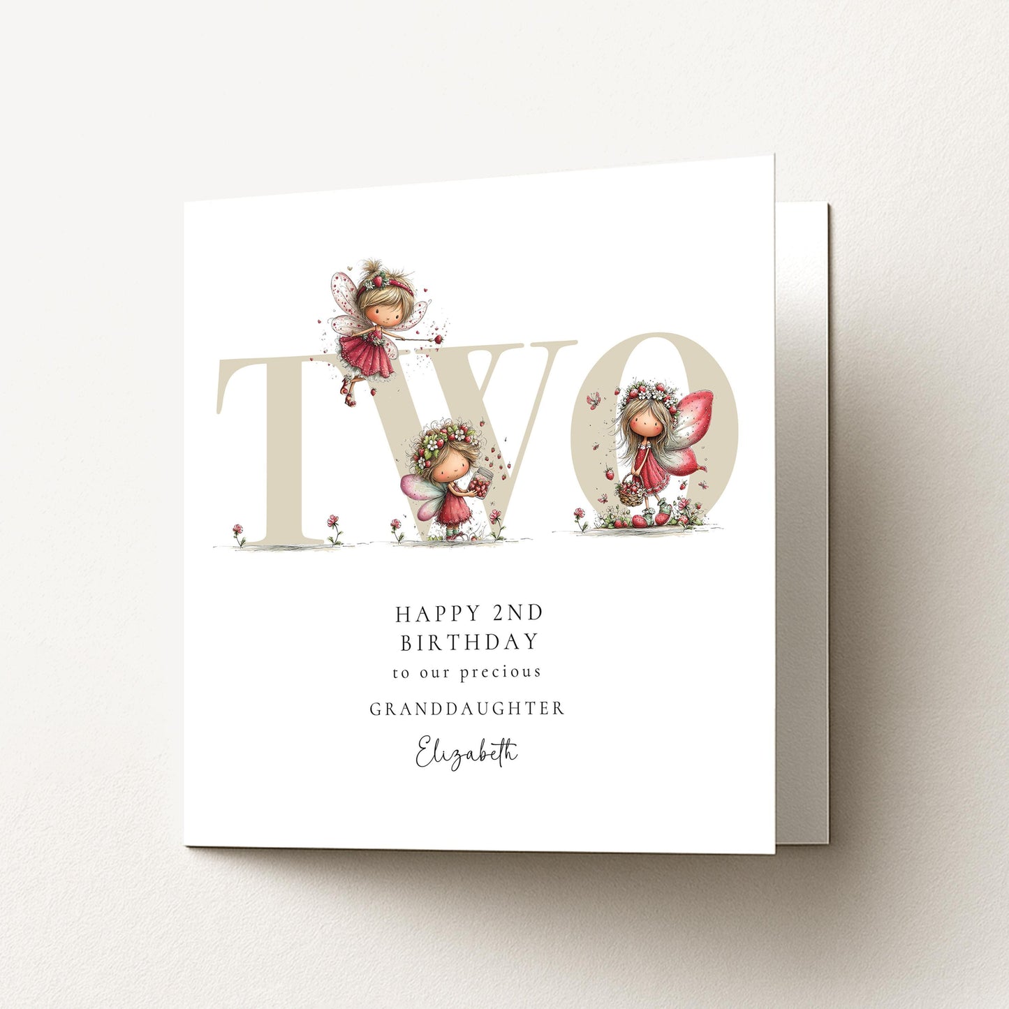 2nd Birthday Card for Granddaughter, Strawberry Fairy Birthday Card, Personalised Second Birthday Keepsake
