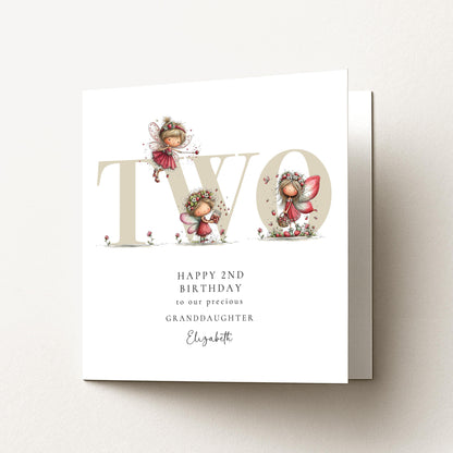 2nd Birthday Card for Granddaughter, Strawberry Fairy Birthday Card, Personalised Second Birthday Keepsake