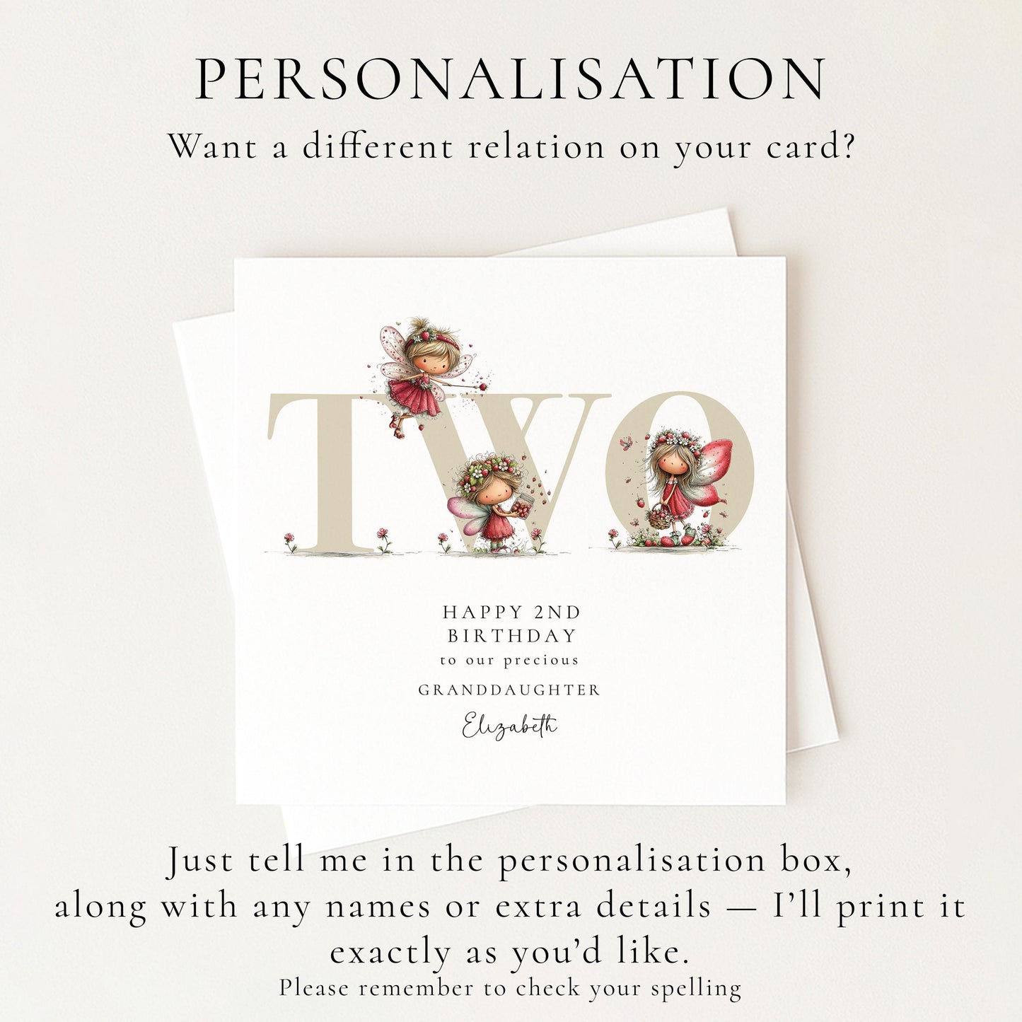 2nd Birthday Card for Granddaughter, Strawberry Fairy Birthday Card, Personalised Second Birthday Keepsake