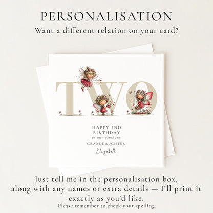 2nd Birthday Card for Granddaughter, Strawberry Fairy Birthday Card, Personalised Second Birthday Keepsake