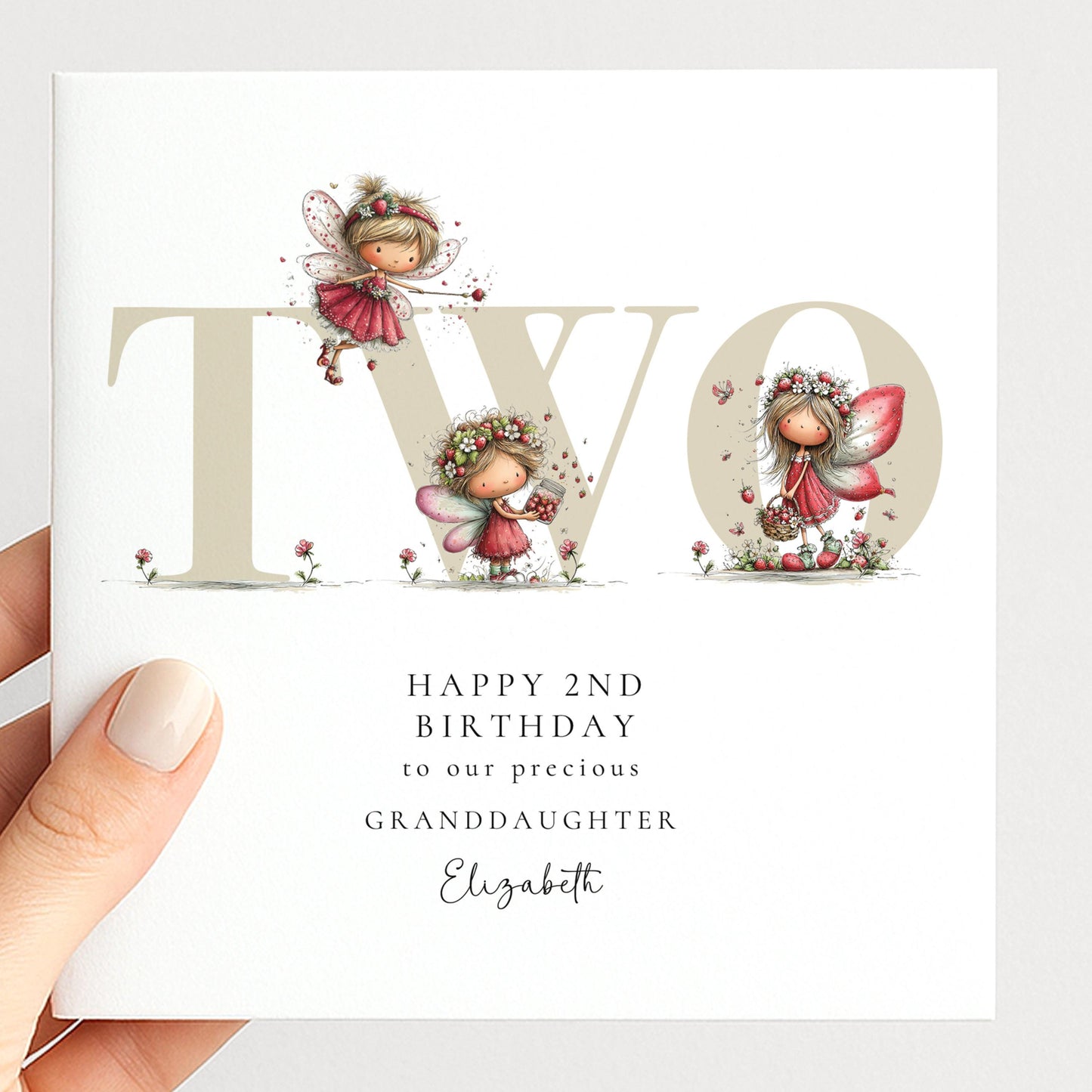 2nd Birthday Card for Granddaughter, Strawberry Fairy Birthday Card, Personalised Second Birthday Keepsake