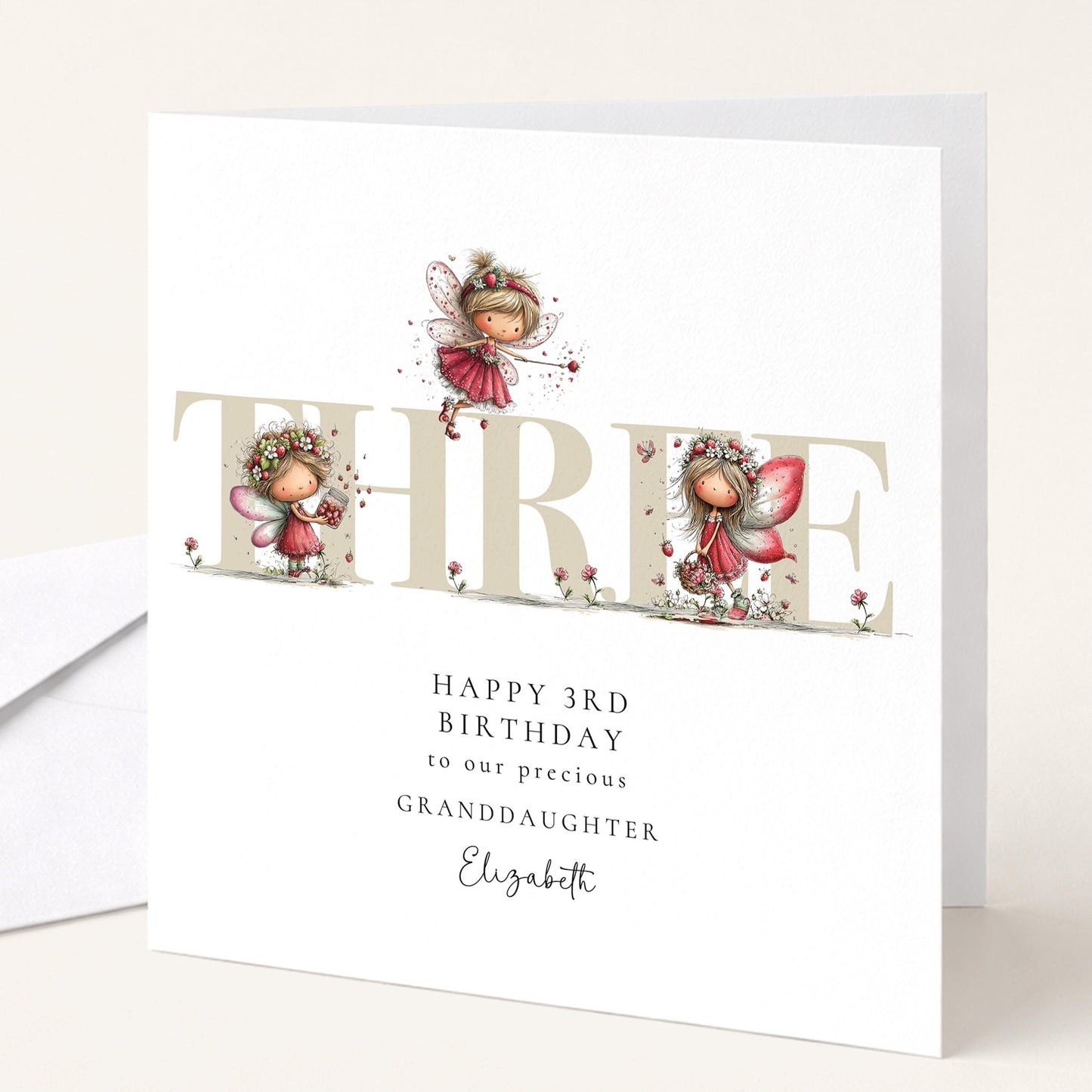 3rd Birthday Card for Granddaughter, Strawberry Fairy Birthday Card, Personalised Third Birthday Keepsake