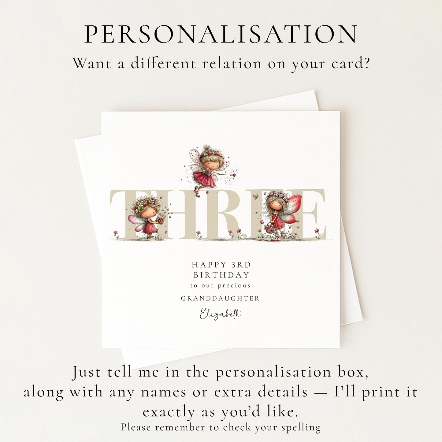 3rd Birthday Card for Granddaughter, Strawberry Fairy Birthday Card, Personalised Third Birthday Keepsake
