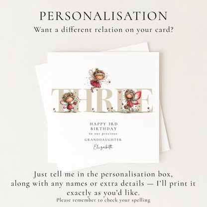 3rd Birthday Card for Granddaughter, Strawberry Fairy Birthday Card, Personalised Third Birthday Keepsake