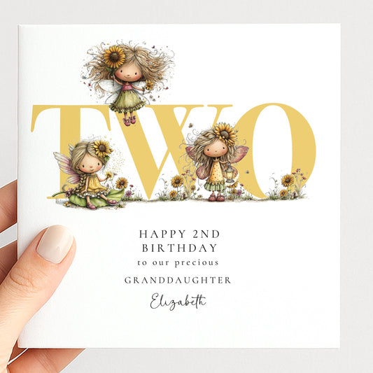 2nd Birthday Card for Granddaughter, Sunflower Fairy Birthday Card, Personalised Second Birthday Keepsake