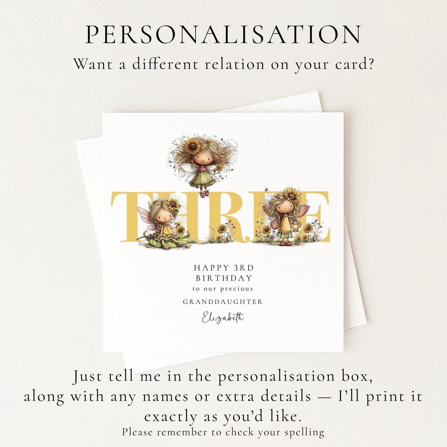 3rd Birthday Card for Granddaughter, Sunflower Fairy Birthday Card, Personalised Third Birthday Keepsake