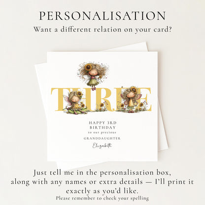 3rd Birthday Card for Granddaughter, Sunflower Fairy Birthday Card, Personalised Third Birthday Keepsake