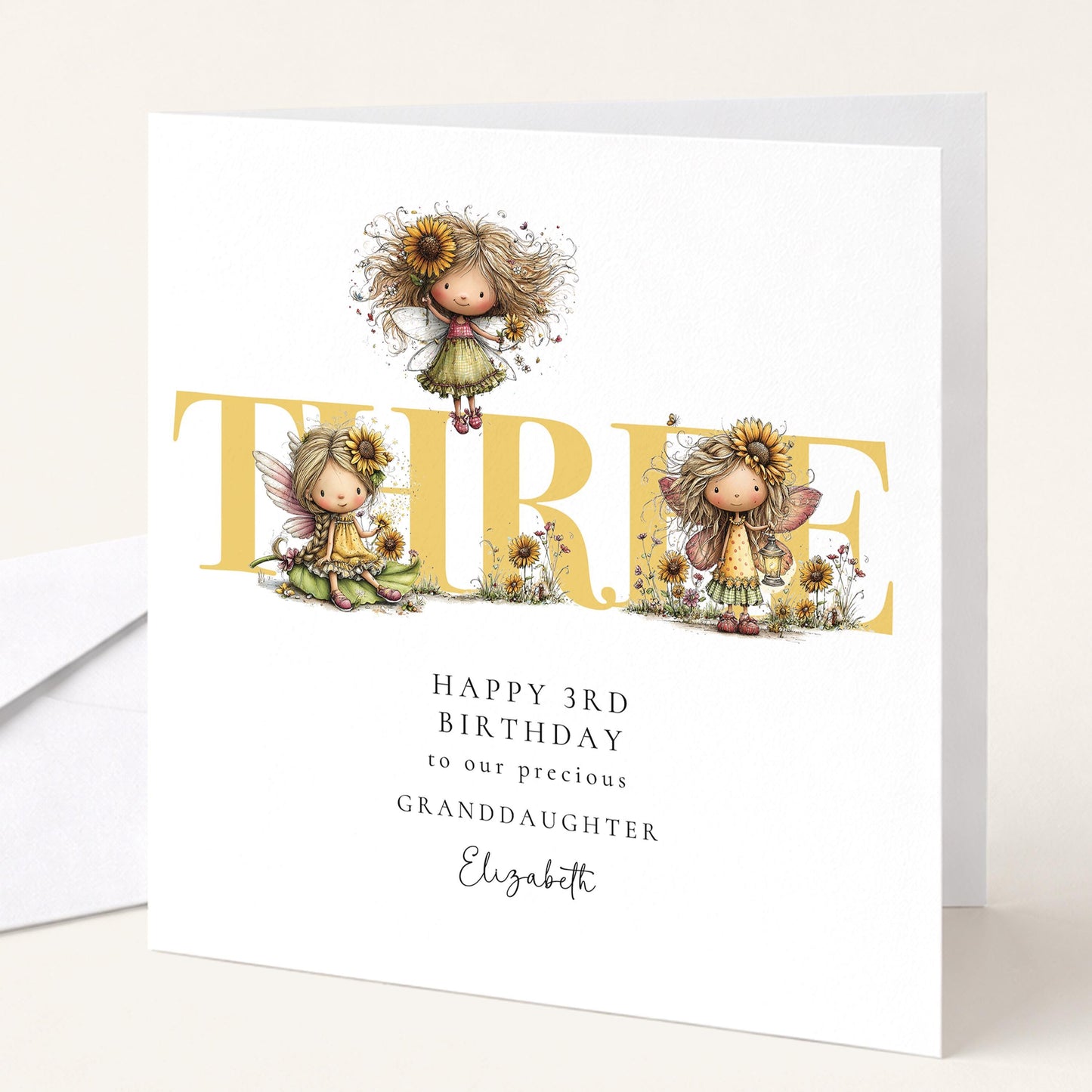 3rd Birthday Card for Granddaughter, Sunflower Fairy Birthday Card, Personalised Third Birthday Keepsake