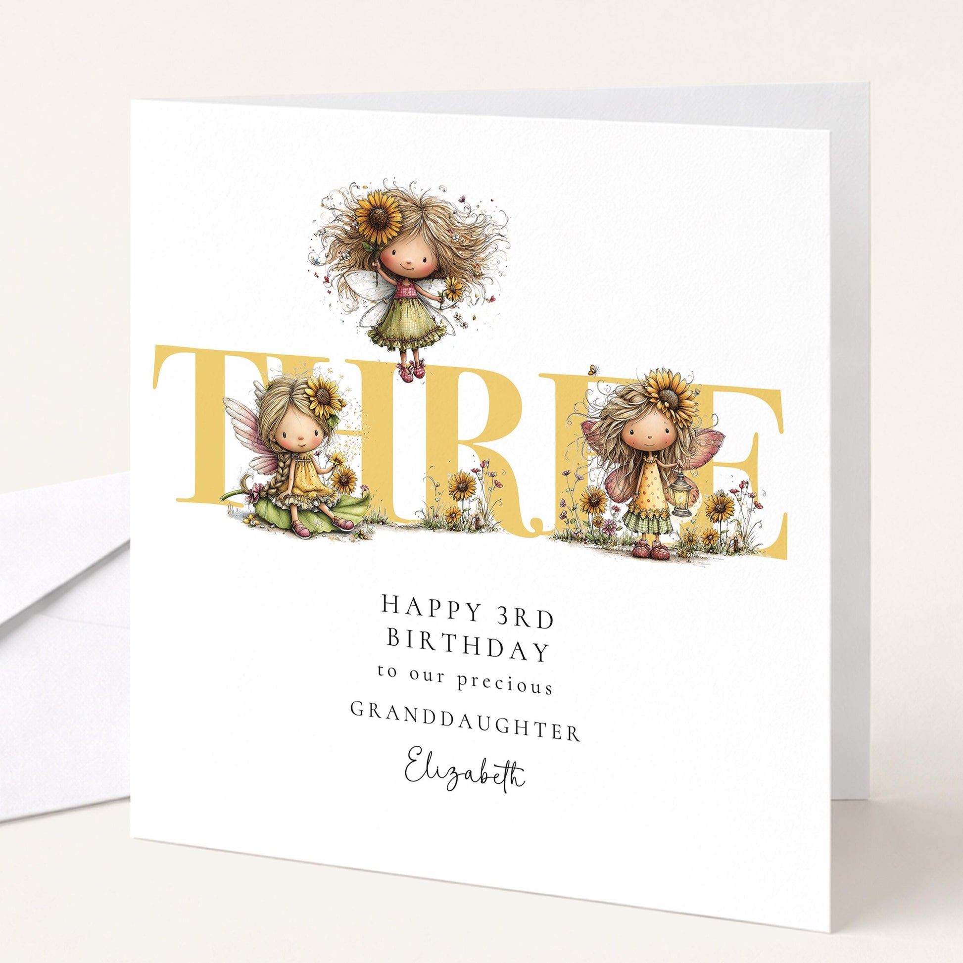 3rd Birthday Card for Granddaughter, Sunflower Fairy Birthday Card, Personalised Third Birthday Keepsake